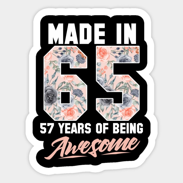 Made in 1965 57 years of being awesome 57th Birthday Flowers Sticker by FunnyUSATees